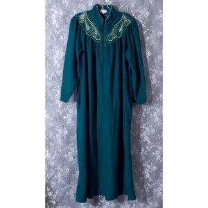 Vintage 80s Robe 1980s Green & Gold Velour Housecoat Grannycore Cozy Size Medium